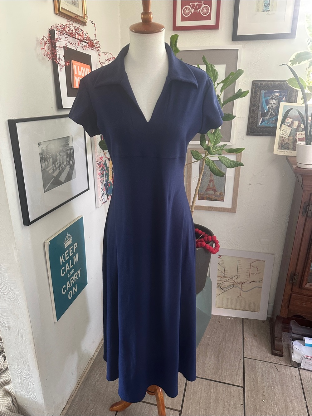 Express Tricot Vintage Navy Collared V-Neck Midi Dress Medium
